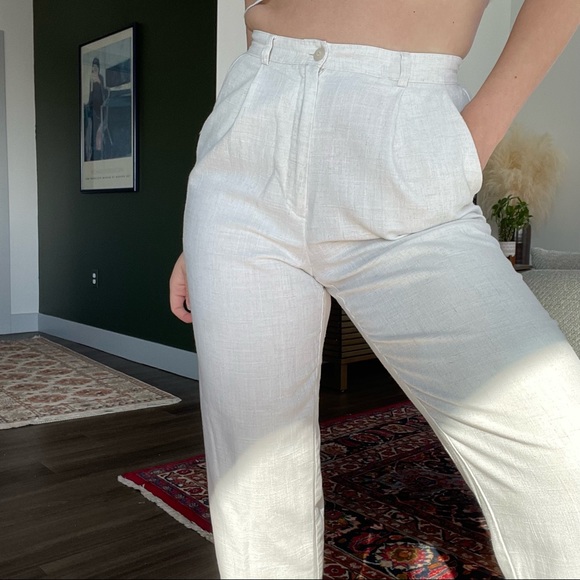 White Pants Vintage Tapered Leg Small High Rise Pleat Front Trouser Linen Blend - Picture 3 of 6